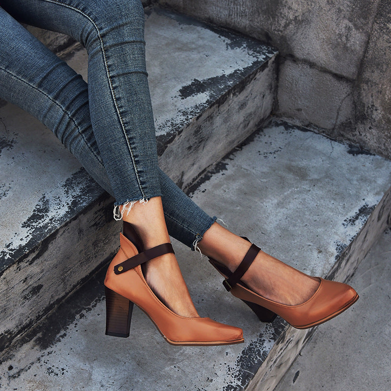 EOEODOIT 2019 Autumn New Leather Pumps Retro Style Marry Jean Pointy Toe High Heels Office Lady Party Casual Office Daily Shoes