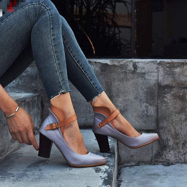 EOEODOIT 2019 Autumn New Leather Pumps Retro Style Marry Jean Pointy Toe High Heels Office Lady Party Casual Office Daily Shoes