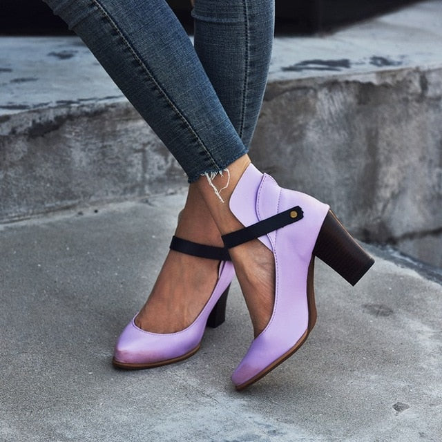 EOEODOIT 2019 Autumn New Leather Pumps Retro Style Marry Jean Pointy Toe High Heels Office Lady Party Casual Office Daily Shoes
