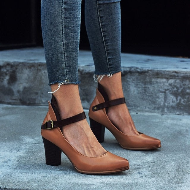 EOEODOIT 2019 Autumn New Leather Pumps Retro Style Marry Jean Pointy Toe High Heels Office Lady Party Casual Office Daily Shoes