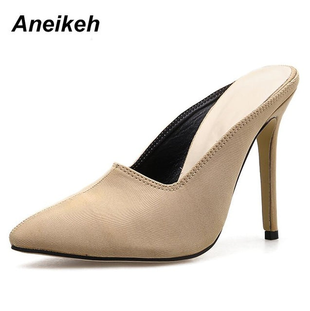 Summer 2019 Fashion Faux Suede Summer Slingback Mules Pointed Toe Med Heels Women Pumps High Thin Heels Party Sexy Shoes