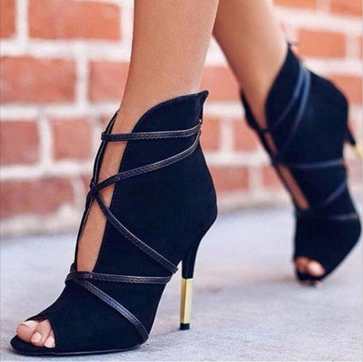 2019 New Fashion Woman Faux Suede Pumps Sexy Open Toe Ankle Boots Slip On Deep V Cut High Heel Lady Autumn Shoes