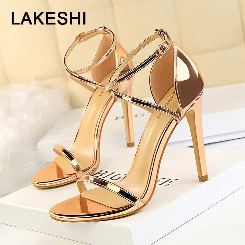 LAKESHI 2019 New Women Sandals Patent Leather Women High Heels Shoes Gold Sexy Women Pumps Fashion Wedding Shoes Women stiletto